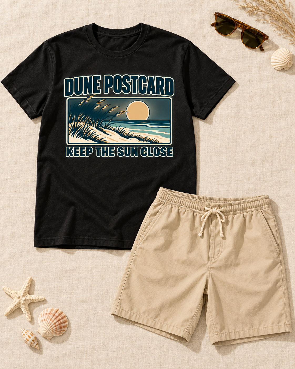 Dune Postcard coastal graphic T-shirt with sand-colored shorts
