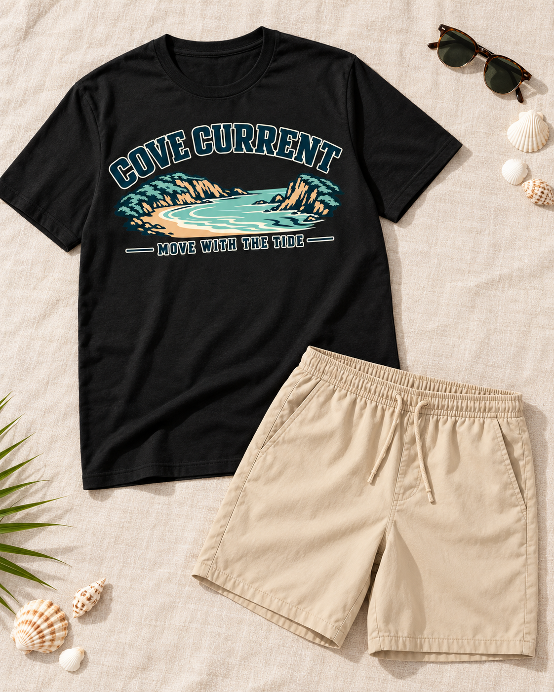Cove Current graphic tee and sand colored shorts with beach accessories